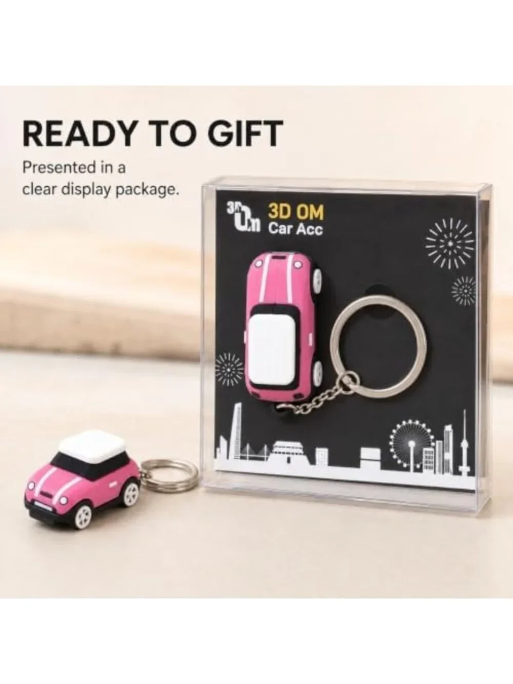 Cute 3D OM Keychain with Mini Silicone Model - Pink, Stylish Silver Chain